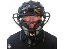 Wilson MLB Black Dyna-Lite Aluminum Umpire Mask With Black And Grey Wrap Around 12 Wilson MLB Black Dyna-Lite Aluminum Umpire Mask With Black And Grey Wrap Around -Baseball Gear A3009 AL BK GY Worn Front with Black Shirt