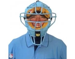 Wilson MLB Sky Blue Dyna-Lite Steel Umpire Mask With Sky Blue And Tan -Baseball Gear A3009 BL TN Worn Front