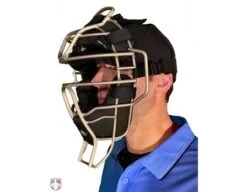 Diamond Silver Big League Aluminum Umpire Mask With Leather -Baseball Gear DFM BL SV Diamond Silver Big League Aluminum Umpire Mask with Leather Worn Front Angled View