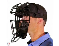 Force3 Defender Umpire Mask -Baseball Gear F3 DEF BK BK Force3 Defender Umpire Mask with Black Worn Front Angled View
