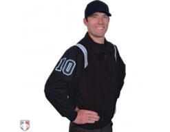 Smitty Traditional Half-Zip Umpire Jacket - Black And Powder Blue 8 Smitty Traditional Half-Zip Umpire Jacket - Black And Powder Blue -Baseball Gear S320 BK PB Smitty Traiditonal Half Zip Umpire Jacket Black with Polo Blue Front Angled View with Black on Light Blue on White Precision Cut Number