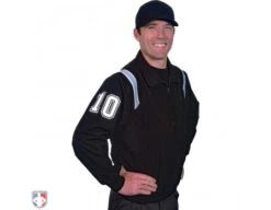 Smitty Traditional Half-Zip Umpire Jacket - Black And Powder Blue 9 Smitty Traditional Half-Zip Umpire Jacket - Black And Powder Blue -Baseball Gear S320 BK PB Smitty Traiditonal Half Zip Umpire Jacket Black with Polo Blue Front Angled View with White on Black on White Precision Cut Number