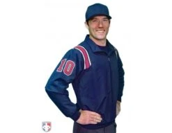 Smitty Traditional Half-Zip Umpire Jacket - Navy And Red 8 Smitty Traditional Half-Zip Umpire Jacket - Navy And Red -Baseball Gear S320 N R Smitty Traditional Half Zip Umpire Jacket Navy with Red and White Worn Front Angled View with Numbers