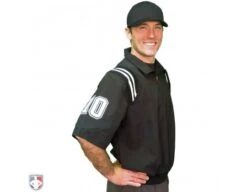 Smitty Traditional Half-Zip Short Sleeve Umpire Jacket - Black And White -Baseball Gear S324 BK WH Smitty Traditional Half Zip Short Sleeve Umpire Jacket Black and White Worn Front Angled with N4 SUB WBW