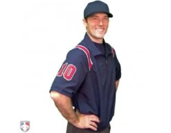 Smitty Traditional Half-Zip Short Sleeve Umpire Jacket - Navy And Red -Baseball Gear S324 N R W Smitty Traditonal Half Zip Short Sleeve Umpire Jacket Navy and Red Worn Front Angled View with N4 SUB RNW