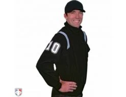 Smitty Major League Style Fleece Lined Umpire Jacket - Black And Polo Blue -Baseball Gear S330 BK PB Smitty Major League Style Fleece Lined Umpire Jacket Black with Powder Blue Front Angled View with N4 SUB WBW