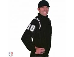 Smitty Major League Style Fleece Lined Umpire Jacket - Black And White 7 Smitty Major League Style Fleece Lined Umpire Jacket - Black And White -Baseball Gear S330 BK WH Smitty Major League Style Fleece Lined Umpire Jacket Black and White Front Angled View with White on Black on White Precision Cut Number