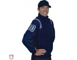 Smitty Major League Style Fleece Lined Umpire Jacket - Navy And Polo Blue -Baseball Gear S330 N PB Smitty Major League Style Fleece Lined Umpire Jacket Navy with Powder Blue Front Angled View with Navy on Powder Blue on White Precision Cut Numbers 1