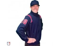 Smitty Major League Style Fleece Lined Umpire Jacket - Navy And Red -Baseball Gear S330 N R Smitty Major League Style Fleece Lined Umpire Jacket Navy and Red Front Angled View with Red on Navy on White Precision Cut Numbers 1