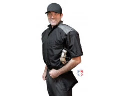 Smitty Major League Replica Convertible Umpire Jacket - Black With Charcoal Grey -Baseball Gear S340 Smitty Major League Replica Convertible Umpire Jacket Black with Charcoal Grey angled with no sleeves plate