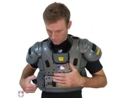 New Balance Challenger Mock Neck Short Sleeve Compression Shirt -Baseball Gear TMMT717 NB Mock chest protetor being strapped on 1